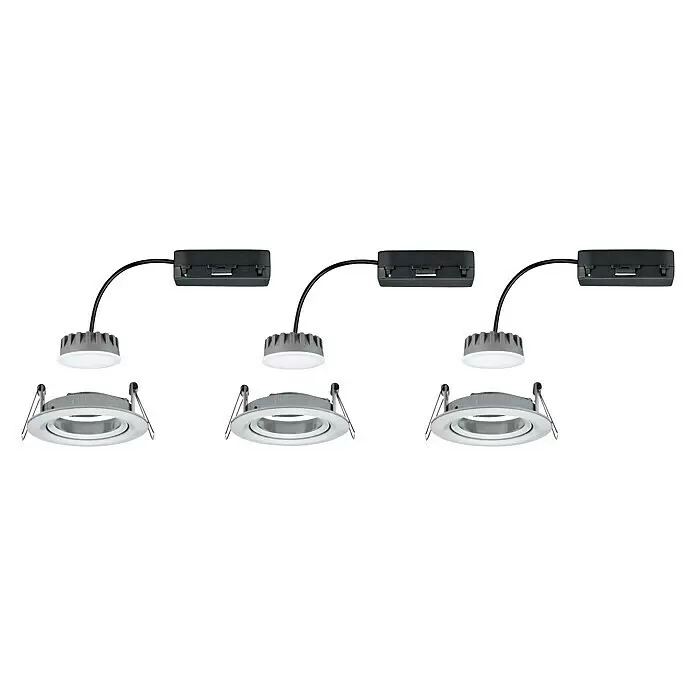 Paulmann Downlight LED empotrable Set de 3 Nova Plus - 6,8 W, Aluminio, Blanco cálido - Tres juegos de focos LED empotrables plateados con difusores blancos, disipadores grises y drivers negros, cableados.