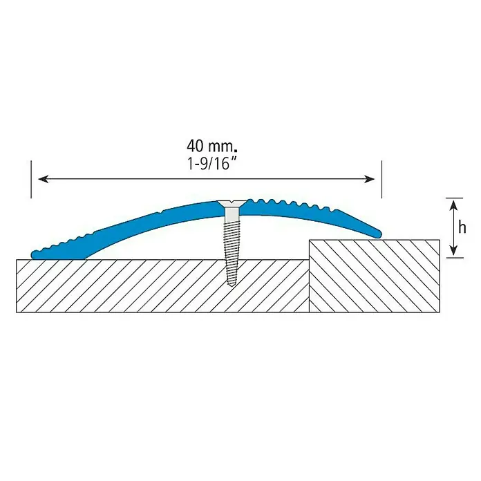 Perfil de transición Oro - Aluminio, Oro, 1 m x 15 mm - Ilustración de un perfil de transición azul fijado con un tornillo en dos suelos de madera de diferentes alturas.