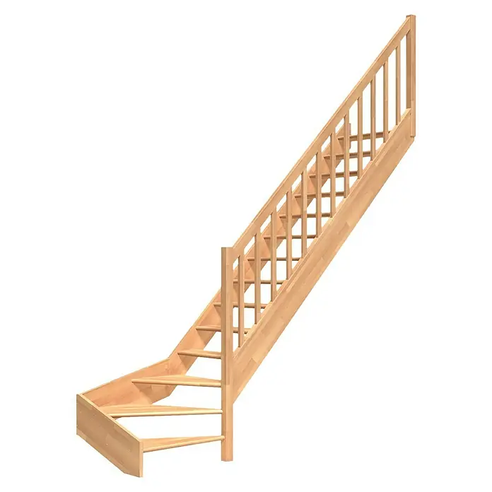 Dolle Raumspartreppe Paris - Breite: 83,5 cm, Buche, Lackiert, Geschosshöhe: 318 cm, 1/4-gewendelt rechts, Rechteckstäbe Holz, Ohne Setzstufen - Holztreppe mit Geländer, ideal für den Innenbereich. Die Treppe ist aus hellem Holz gefertigt und bietet eine sichere und stilvolle Möglichkeit, zwischen Etagen zu wechseln.