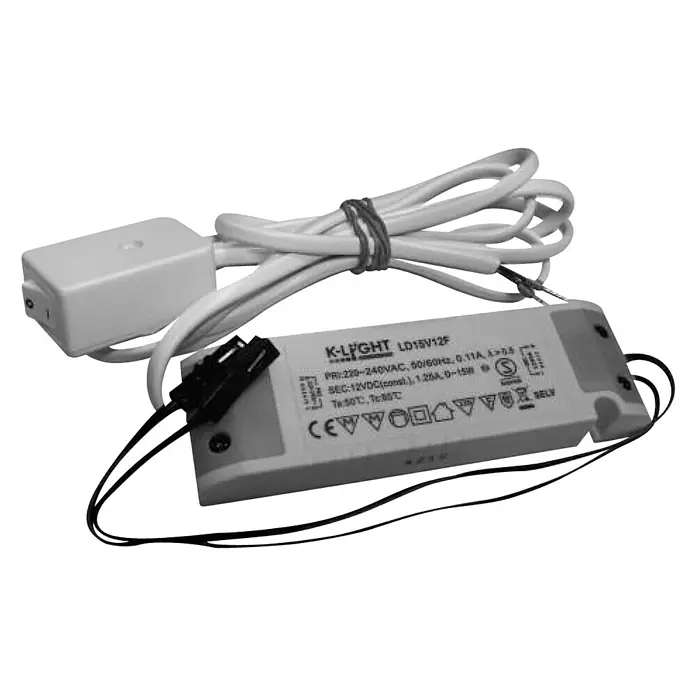 Camargue Excelsior LED-Trafo - Schalter, 15 W - Ein K-LIGHT LD15V12F LED-Treiber mit Kabeln und Anschlüssen, ideal für LED-Beleuchtungssysteme. Kompakte Bauweise für einfache Installation.