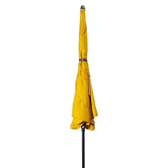 Doppler Sunline Marktschirm Waterproof Neo - Gelb, Bespannungsmaß (L x B): 225 x 120 cm - Nahaufnahme eines geschlossenen gelben Sonnenschirms mit schwarzem Stab, ideal für den Garten. Der Schirm ist ordentlich zusammengebunden.