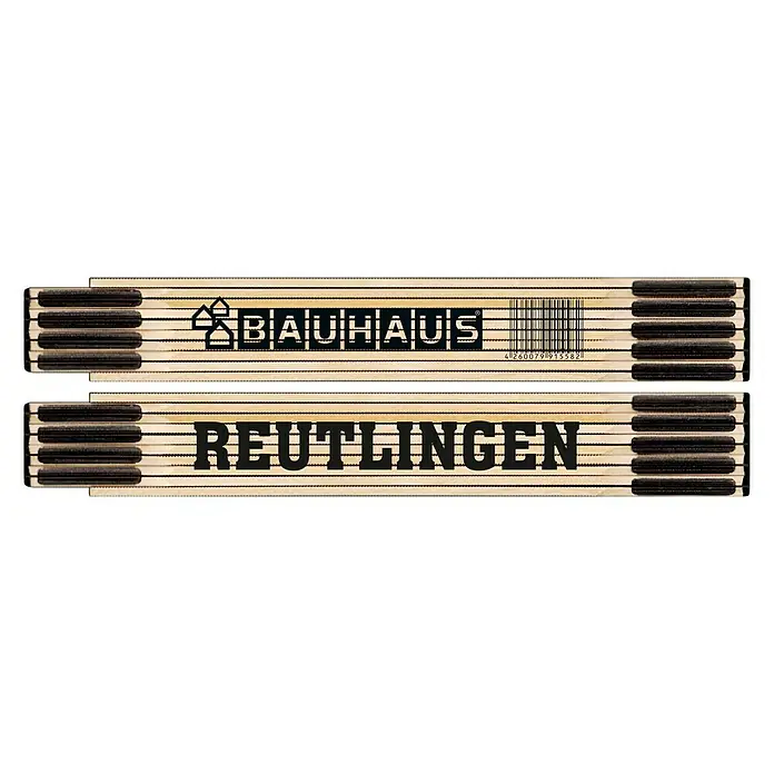 BAUHAUS Zollstock - REUTLINGEN, 2 m - Bild einer Zollstock mit den Aufschriften "BAUHAUS" und "REUTLINGEN" mit der EAN-Nummer. Das Produkt ist ideal für genaue Messungen.