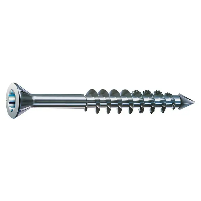 Spax MDF-Schraube T-STAR plus - 4 x 40 mm, WIROX Oberfläche, 125 Stk., Teilgewinde - Detailaufnahme einer glänzenden Torx-Holzschraube aus Metall mit scharfem Gewinde und spitzer Spitze auf schwarzem Hintergrund.