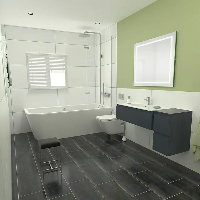 Camargue Espacio Unterschrank - 30 x 46 x 60 cm, Gama anthrazit glänzend - Badezimmer mit Badewanne, Toilette, Waschtisch mit Unterschrank, Spiegel und Hocker, alles in modernem Design und stilvollen Farben.