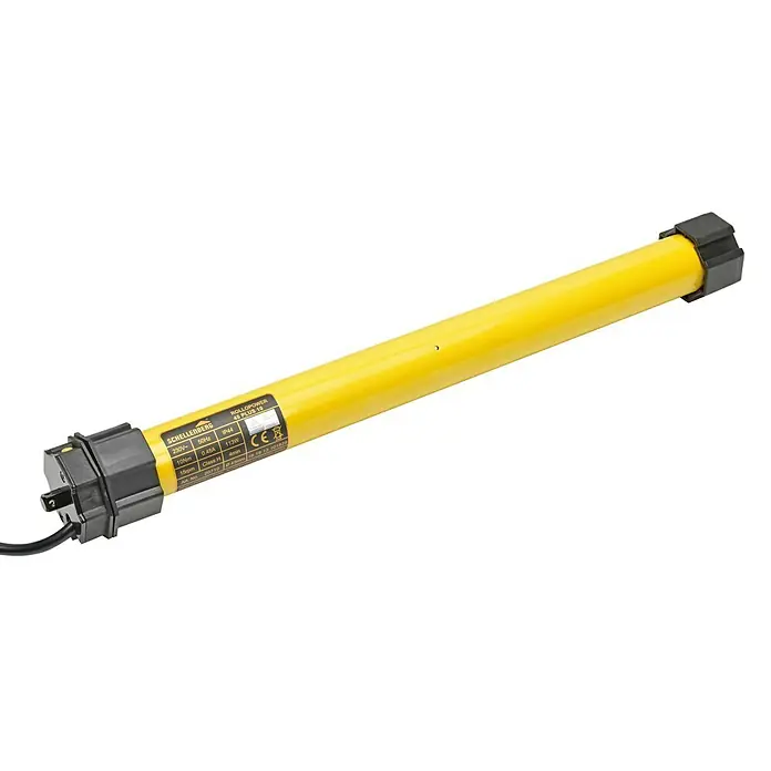 Schellenberg Motor tubular Maxi Plus - Superficie de persiana enrollable máx.: 4,2 m² para persianas de plástico, Longitud de instalación: 555 mm, Fuerza de tracción: 20 kg - Imagen de un motor de persiana amarillo Schellenberg RolloPlus 10, un producto robusto y duradero para un funcionamiento fiable.