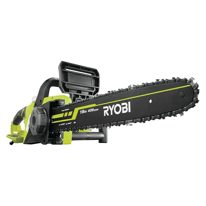 Ryobi Motosierra eléctrica RCS2340B - 2.300 W, Longitud de la cuchilla: 40 cm - Imagen de una motosierra Ryobi con una espada de 406 mm, ideal para podar árboles y trabajar la madera.