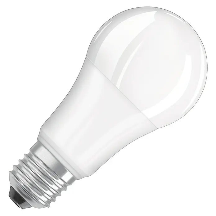 Osram Bombilla LED - E27, No regulable, Blanco neutro, 1.521 lm, 14 W - Primer plano de una bombilla LED blanca con base E27, ideal para una iluminación eficiente y diseño moderno.