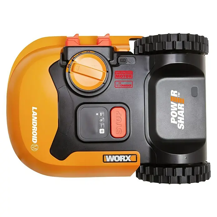 Worx PowerShare 20V Robot cortacésped Landroid M500 - 500 m², Ancho de corte: 18 cm, Navegación por inducción, Cable de antena - La imagen muestra un robot cortacésped Worx Landroid naranja y negro con controles y ruedas visibles.