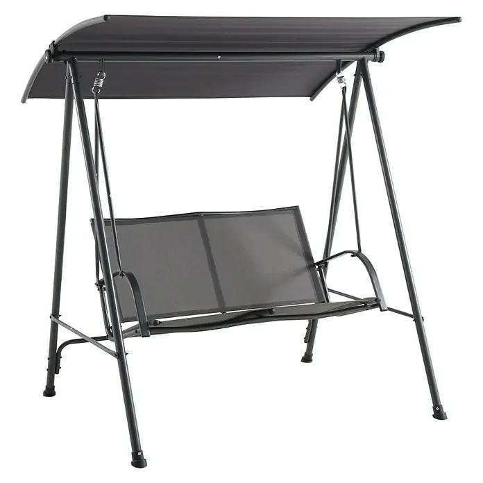 Sunfun Hollywoodschaukel - B x T x H: 164 x 132,5 x 169 cm, Stahl, Anthrazit, Neigbar (Dach) - Ein graues Gartenschaukel-Set mit einem Sonnendach, das Schatten spendet und zum Entspannen im Freien einlädt.