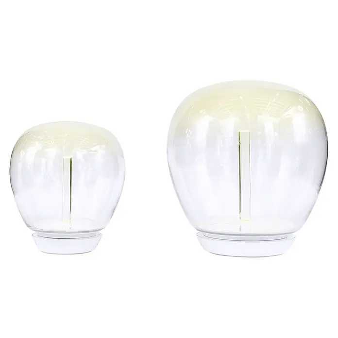 Artemide LED-Tischleuchte Empatia 26 - 20 W, Weiß, Warmweiß, Höhe: 29 cm - Zwei elegante Glaslampen mit einem modernen Design. Die Lampen verfügen über einen weißen Sockel und einen gelblich schimmernden Farbverlauf.