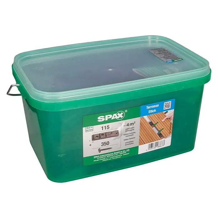 Spax Terrassendielen-Clip Set - 115 Stk. - Dose Spax Terrassensticks mit unsichtbarer Befestigung für eine Fläche von ca. 4m², ideal für den Bau einer Holzterrasse.