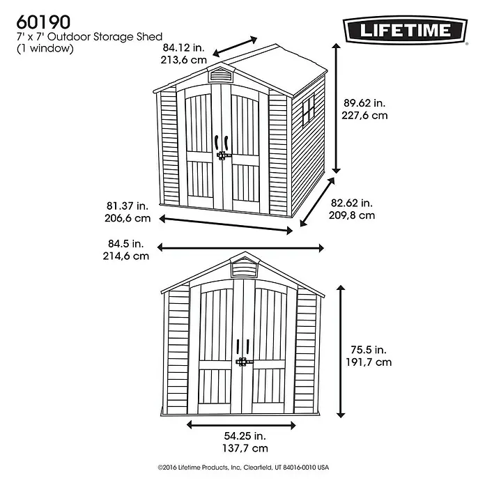 Lifetime Gerätehaus Fox - Außenbreite inkl. Dachüberstand: 215 cm, Außentiefe inkl. Dachüberstand: 210 cm, Kunststoff, Lichtgrau/Anthrazit - Abbildung eines 7' x 7' Outdoor-Geräteschuppens von Lifetime mit den Maßangaben.