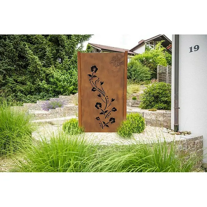 Jabo-Design Sichtschutzelement - 90 x 180 cm, Dekor Lilie, Edelrost - Dekorative Metall-Gartenstele mit Rost-Optik und filigranem Blumenmuster, ein stilvolles Highlight für jeden Garten.