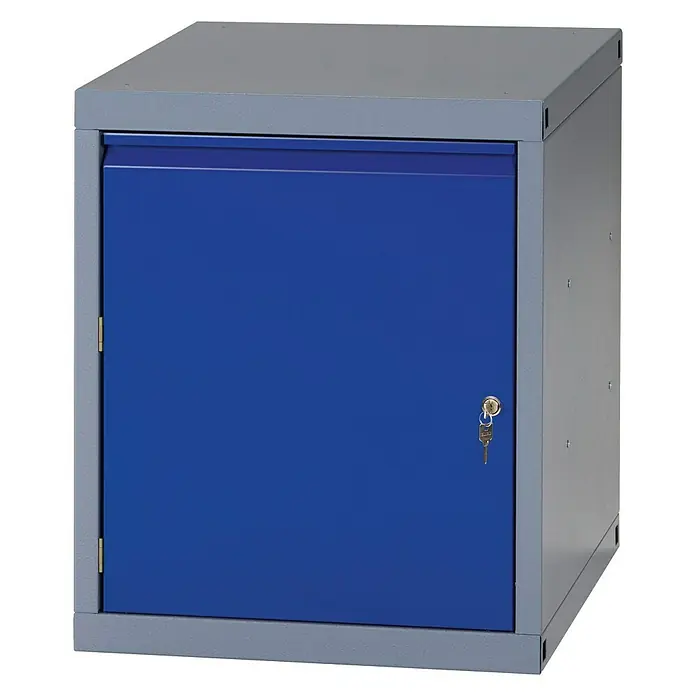 Küpper Profi Modul System Unterschrank 1 Tür (Linksanschlag) - L x B x H: 56 x 55 x 66 cm - Blauer abschließbarer Werkzeugschrank mit grauem Rahmen, ideal für Werkstatt oder Garage.
