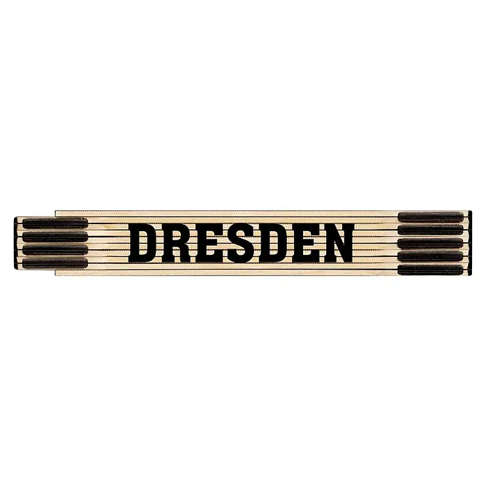 BAUHAUS Zollstock - Dresden - Auf dem Bild ist ein Zollstock mit dem Schriftzug "Dresden" abgebildet. Der Zollstock liegt horizontal in der Bildmitte vor einem weißen Hintergrund.