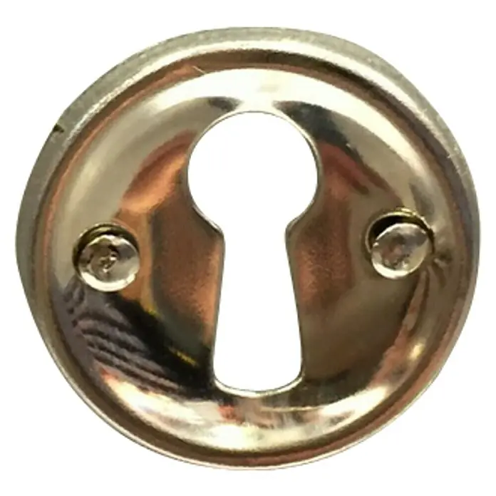 Stabilit Escudo para cerraduras Pulido - Ø x Al: 27 x 2 mm - Primer plano de una cerradura de puerta plateada con un agujero para la llave y dos tornillos, ideal para seguridad y diseño.