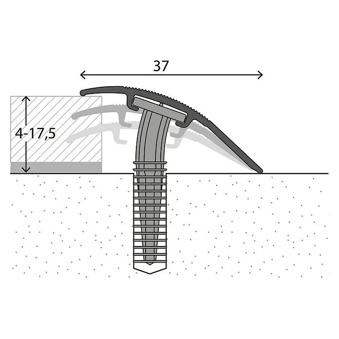 LOGOCLIC Anpassprofil 205 - Sahara, 0,9 m x 37 mm, Montageart: Schrauben - Darstellung eines Übergangsprofils mit den Maßen 37 mm Breite und einem Höhenausgleich von 4 bis 17,5 mm.