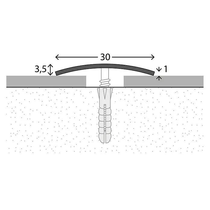 LOGOCLIC Übergangsprofil 112 - Edelstahl matt, 0,9 m x 30 mm x 3,5 mm, Montageart: Schrauben, Mittig versenkt gelocht - Skizze eines Übergangsprofils mit Abmessungen und Befestigungslösung.