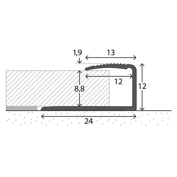 LOGOCLIC Endprofil 250 - Silber, 2,7 m x 24 mm x 12 mm, Montageart: Kleben - Schematische Darstellung eines Treppenkantenprofils mit Maßen, das die Installation und die Abmessungen des Profils verdeutlicht.