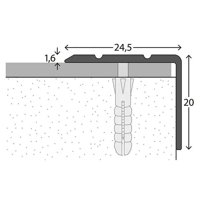 LOGOCLIC Winkelprofil 162 - Silber, 2,7 m x 24,5 mm x 20 mm, Montageart: Schrauben - Darstellung eines grauen Kantenschutzprofils mit den Maßen 24,5 x 20 x 1,6 mm, befestigt mit einem Dübel in einer Wand.