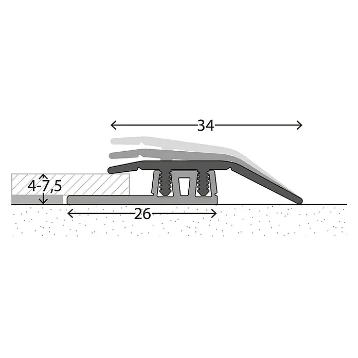 LOGOCLIC Anpassprofil 323 - Silber, 0,9 m x 34 mm, Montageart: Stecken - Schema eines Übergangsprofils mit Maßangaben für Bodenbeläge. Ideal zum Ausgleich von Höhenunterschieden zwischen Räumen.