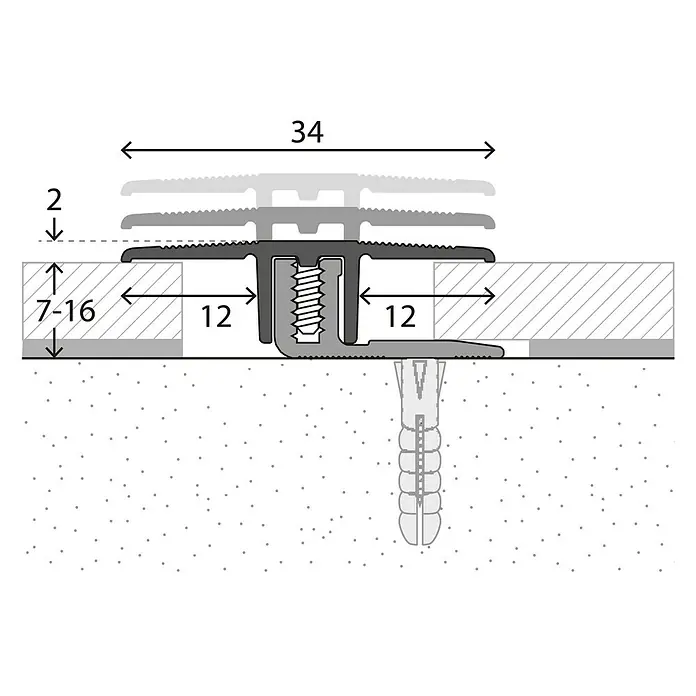 LOGOCLIC Übergangsprofil 220 - Edelstahl matt, 0,9 m x 34 mm, Montageart: Schrauben - Schematische Zeichnung eines Übergangsprofils mit Maßen, das auf einem Untergrund befestigt ist.
