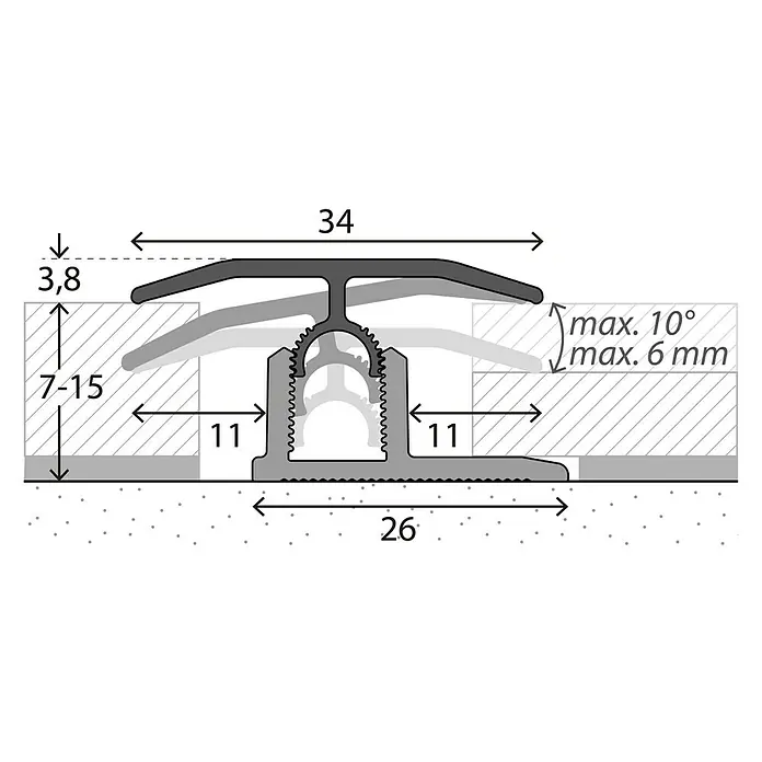 MyStyle MyArt Universalprofil 3in1 Wilderness Oak - 1 m x 34 mm x 15 mm, Montageart: Stecken - Schematische Darstellung eines Übergangsprofils mit Maßen für Bodenbeläge unterschiedlicher Höhen und maximaler Winkelanpassung.