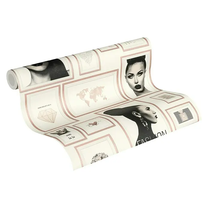 A.S. Création Metropolitan Stories Vliestapete Bilderrahmen - Beige/Grau/Rosé, Grafisch, 10,05 x 0,53 m - Nahaufnahme einer Rolle stilvoller Tapete mit Mode-Motiven und roséfarbenen Akzenten, die Eleganz und modernes Design vereint.