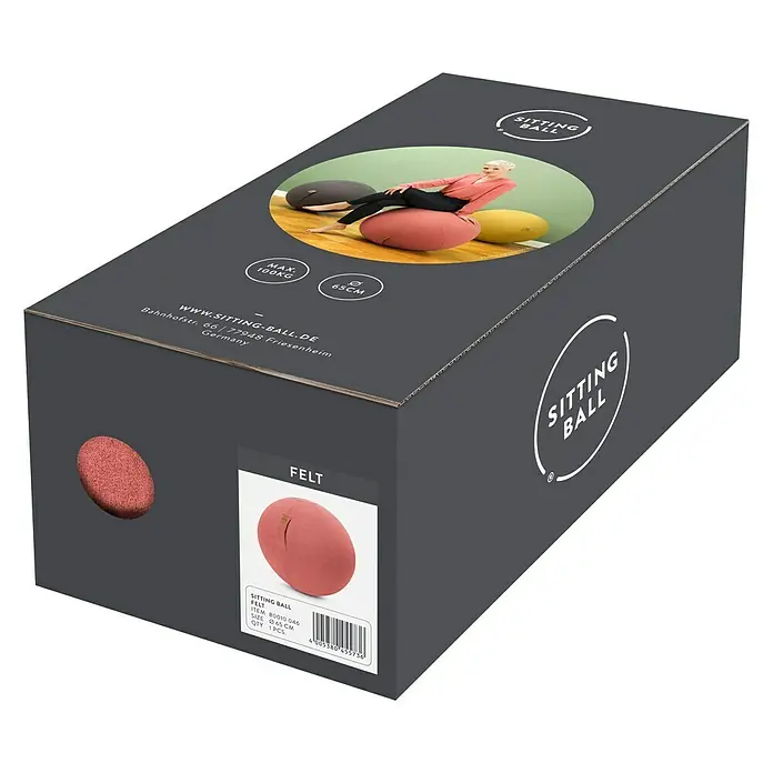 Sitting Ball Gymnastikball Felt - Lachs, Durchmesser: 65 cm, 100 % Polyester - Ein Karton mit einem Sitting Ball Felt, der einen bequemen und stilvollen Sitz für Zuhause oder das Büro bietet.