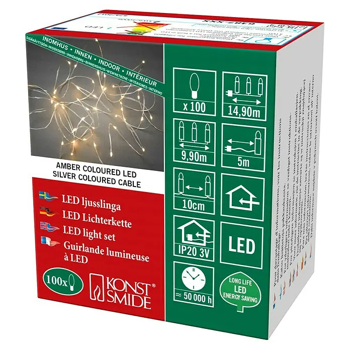 Konstsmide LED-Lichterkette Tropfenlichterkette - Innen, Lichtfarbe: Bernstein, Anzahl Leuchtmittel: 100 Stk., Netzbetrieben - Produktverpackung für LED-Lichterkette mit bernsteinfarbenen LEDs und silberfarbenem Kabel für den Innenbereich.