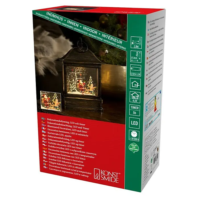 Konstsmide LED-Schneelaterne Weinnachtsmann und Kind - Innen, Braun, 17,5 x 8,5 x 25 cm, Batteriebetrieben - Verpackung einer Weihnachtsdekoration mit LED-Beleuchtung und Timer. Eine festliche Ergänzung für jedes Zuhause.