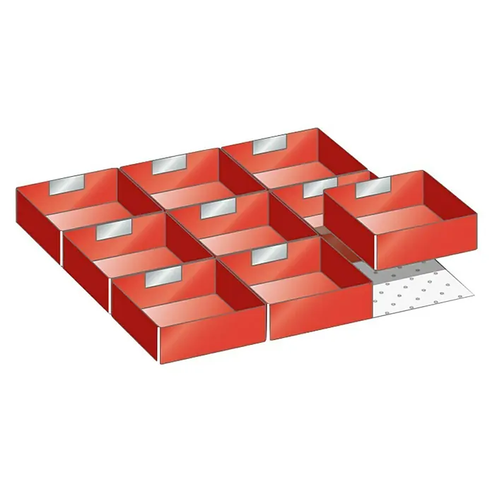 Lista Schubladeneinsatz - 9 -tlg., Höhe: 26 mm - Darstellung eines roten Sortimentskastens mit Fächern, ideal zur Aufbewahrung von Kleinteilen und zur Organisation am Arbeitsplatz.