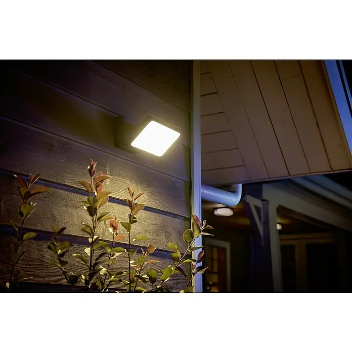 Philips Hue LED-Strahler White & Color Ambiance - 15 W, L x B x H: 22 x 16 x 15,3 cm, Schwarz, RGBW - Eine quadratische Philips Hue Außenleuchte beleuchtet eine Hauswand neben einem Abflussrohr und Büschen.