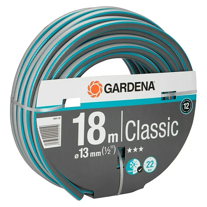 Gardena Classic Schlauch - Länge: 18 m, Schlauchdurchmesser: 13 mm - Abgebildeter Gardena Classic Gartenschlauch mit einer Länge von 18 m und einem Durchmesser von 13 mm (½").