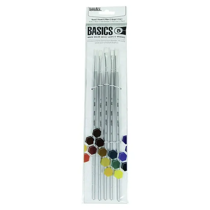 Liquitex Basics Künstlerpinsel-Set Long 5 - 5 -tlg. - Liquitex Basics 5er-Set mit weißen Nylon-Acrylmalpinseln in verschiedenen Formen und Größen für Künstler.
