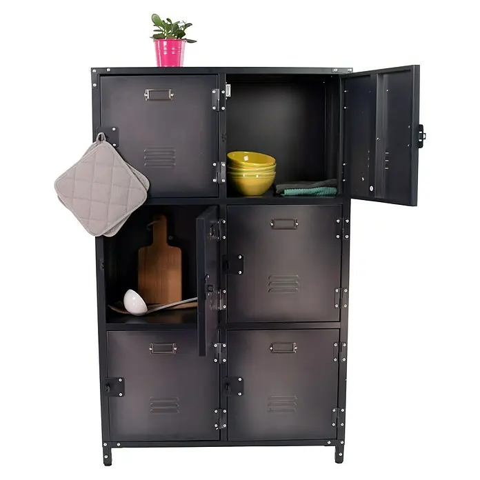 Metall-Mehrzweckschrank Vintage Industrial Style - 35 x 75 x 120 cm, Anzahl Türen: 6 Stk., Anzahl Fächer: 6 Stk. - Schwarzer Metall-Küchenschrank mit sechs Fächern, einige mit Küchenutensilien gefüllt, der perfekte Küchenhelfer.