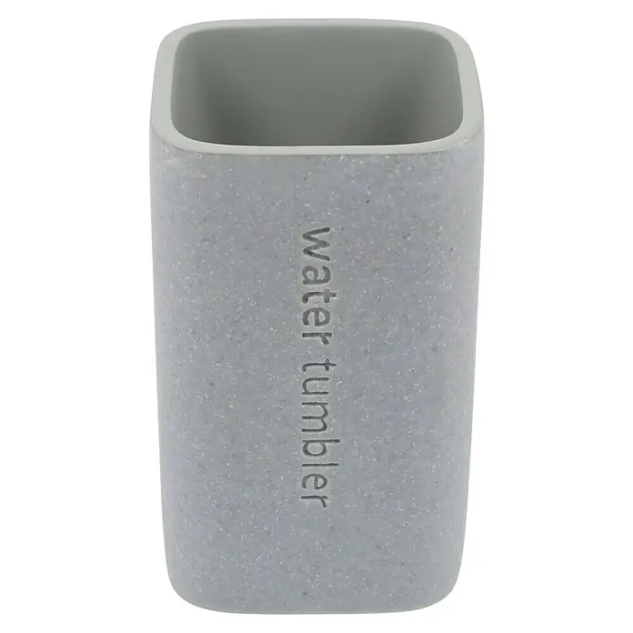 Venus Aiden Zahnputzbecher - Polyresin, Grau - Grauer Wasserbecher mit quadratischer Form und der Aufschrift "water tumbler", ideal für Badezimmer oder Küche.