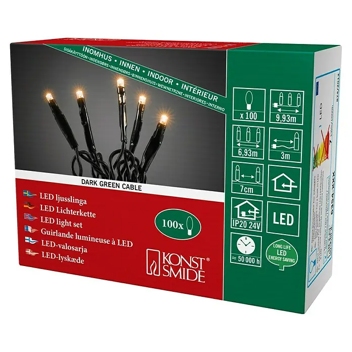 Konstsmide LED-Lichterkette Micro LED - Innen, Lichtfarbe: Bernstein, Anzahl Leuchtmittel: 100 Stk., Netzbetrieben - Produktbild einer 100er-LED-Lichterkette von Konstsmide für den Innenbereich mit dunkelgrünem Kabel. Lange Lebensdauer und energiesparend.