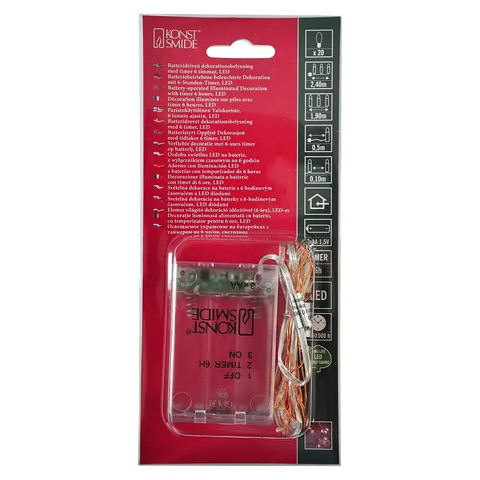 Konstsmide LED-Lichterkette Micro - Innen, Lichtfarbe: Warmweiß, Anzahl Leuchtmittel: 20 Stk., Netzbetrieben - Batteriebetriebene LED-Lichterkette mit Timer für dekorative Beleuchtung im Innenbereich.