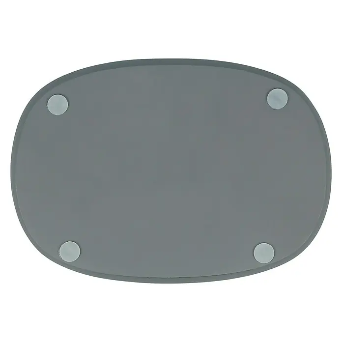 Venus Flakoni Seifenschale - Grau, Polyresin - Graue, ovale Glasplatte mit vier kleinen Füßen, die auf einer schwarzen Oberfläche steht. Ideal für Küche oder Tischdekoration.