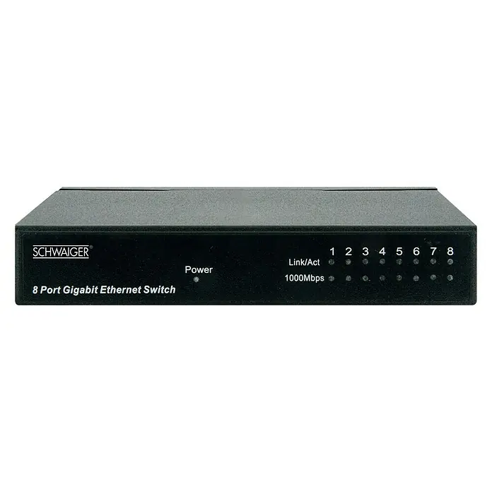 Schwaiger Netzwerkadapter - 8-Port Switch, Schwarz, RJ45-Buchse - Schwaiger 8-Port Gigabit Ethernet Switch für schnelle Netzwerkverbindungen. Kompaktes Design mit LED-Anzeigen für Statusüberblick.