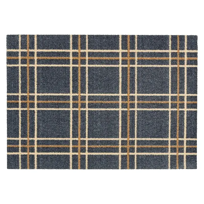 Astra Miabella Fußmatte Karos - Blau/Braun/Beige, 50 x 70 cm - Ein dunkelgrauer Teppich mit einem Tartanmuster aus weißen und goldenen Linien ist im Bild zu sehen. Der Teppich liegt flach auf einer dunklen Oberfläche.