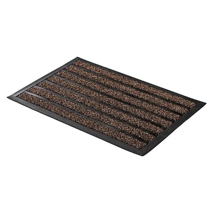 Astra Fußmatte Scraper Line - Braun/Schwarz, 40 x 60 cm - Eine braune Fußmatte mit Rillen und einem schwarzen Rand, ideal für den Eingangsbereich, um Schmutz und Feuchtigkeit aufzufangen.