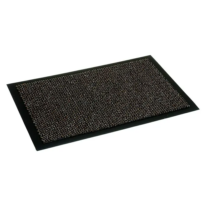 Astra Schmutzfangmatte Saphir - Braun, 180 x 120 cm - Ein rechteckiger Fussabtreter mit schwarzem Rand und mehrfarbiger Textiloberfläche liegt auf einem weissen Untergrund.