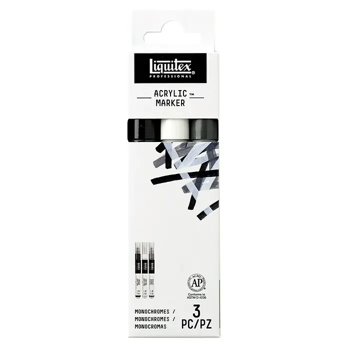 Liquitex Professional Marker-Set Paint Marker Essential - 3 Stk., Monochromes, 2 mm, Rechteckige Spitze - Eine Packung Liquitex Professional Acrylmarker in monochromen Farben. Das Set enthält drei Stifte für Künstler und kreative Projekte.