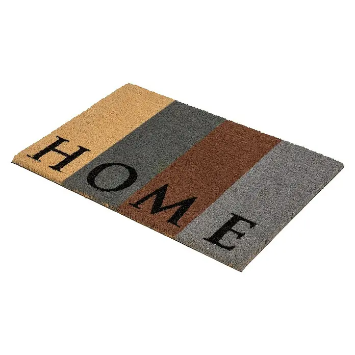Astra Coco Fußmatte Style - 40 x 60 cm, Bunt, Material Nutzschicht: 100 % Kokos, Home, Kokos - Ein rechteckiger Fußabtreter mit dem Wort "HOME" in schwarzen Buchstaben und farbigen Streifen auf beigem Hintergrund.