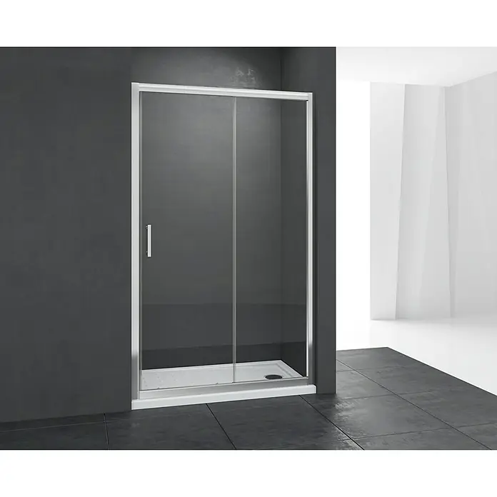 Mampara de ducha frontal Chloe - 140 x 195 cm, 5 mm, Cromo, Vidrio transparente - Elegante cabina de ducha con puertas correderas en un ambiente de baño moderno. El diseño limpio y la alta calidad la hacen muy atractiva.