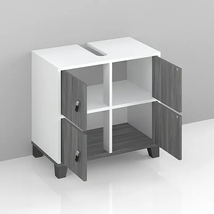 Riva Waschtischunterschrank Leather - 62,2 x 33,7 x 58 cm, Weiß, Silbergrau - Unterschrank für Waschbecken mit offenen grauen Türen und Regalen zur Aufbewahrung im Badezimmer.