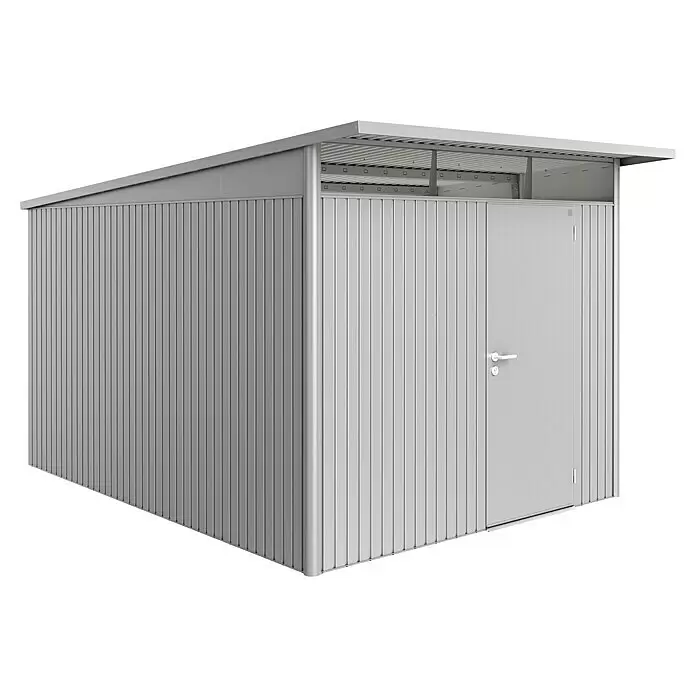 Biohort AvantGarde Gerätehaus AvantGarde A8 - Außenmaß inkl. Dachüberstand (B x T): 260 x 380 cm, Stahl, Silber Metallic, Einzeltür - Diagonale Ansicht