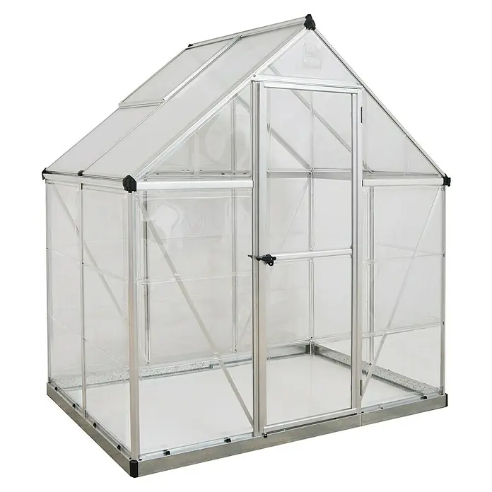Palram – Canopia Invernadero Hybrid - Medidas ext. (An x Pr): 185 x 126 cm, 0,7 mm, Plateado - Imagen de un invernadero con paneles transparentes y un marco plateado. El invernadero tiene una puerta y un tejado a dos aguas.